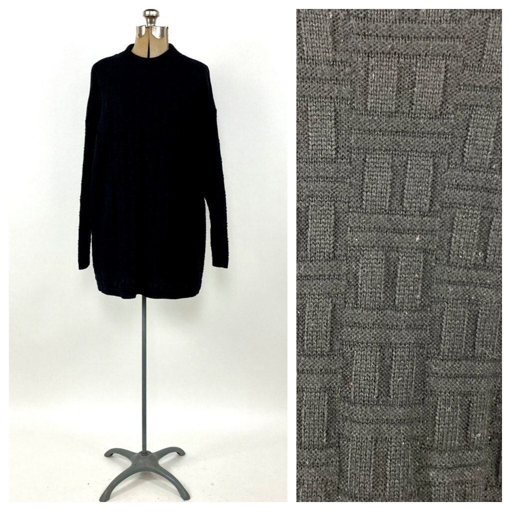 80Er Schwarz Kariert Strick Oversized Pullover Boho Vintage Strickpullover Kleid Top S M L von EvesAppleVintage