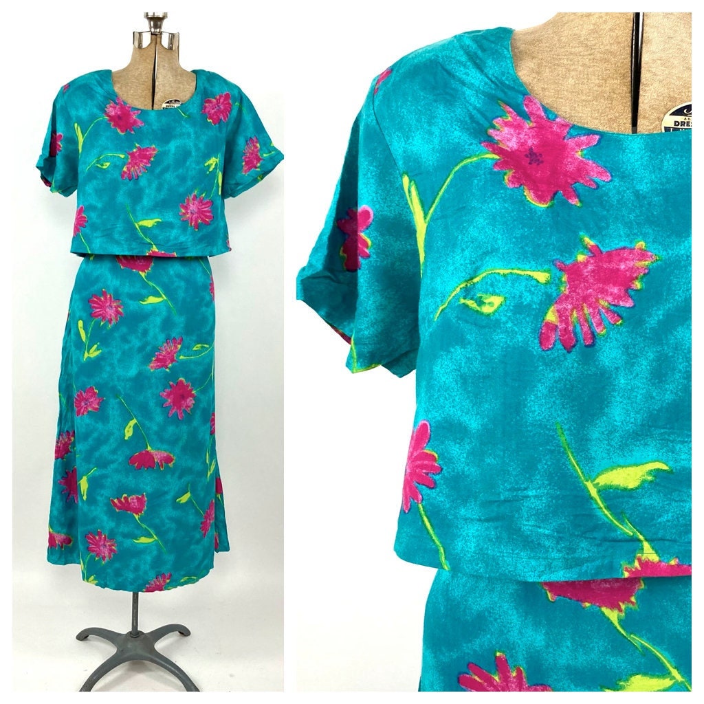 80Er Teal Grün Pink Aquarell Floral Print Blouson Midi Kleid von EvesAppleVintage