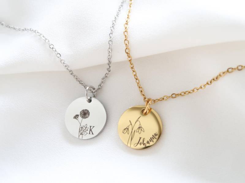 Geburtsblumen Kette Personalisierbar - Halskette Aus Edelstahl in Silber Oder 18K Vergoldet Weihnachtsgeschenk von EveundLyn
