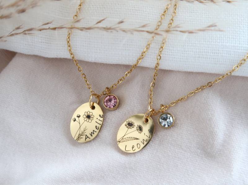 Geburtsblumen Kette Personalisierbar Mit Geburtsstein - Halskette Aus Edelstahl in Silber Oder 18K Vergoldet Weihnachtsgeschenk von EveundLyn