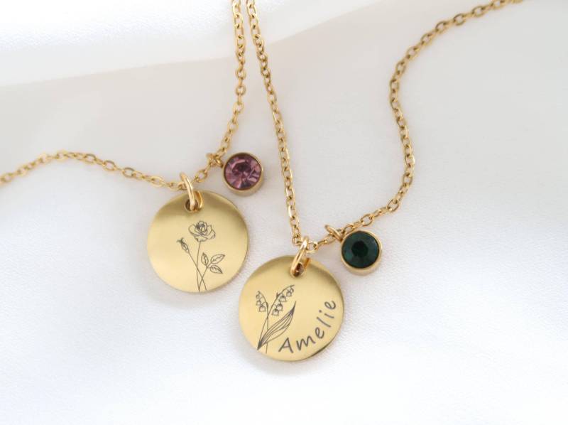 Geburtsblumen Kette Personalisierbar Mit Geburtsstein - Halskette Aus Edelstahl in Silber Oder 18K Vergoldet Weihnachtsgeschenk von EveundLyn