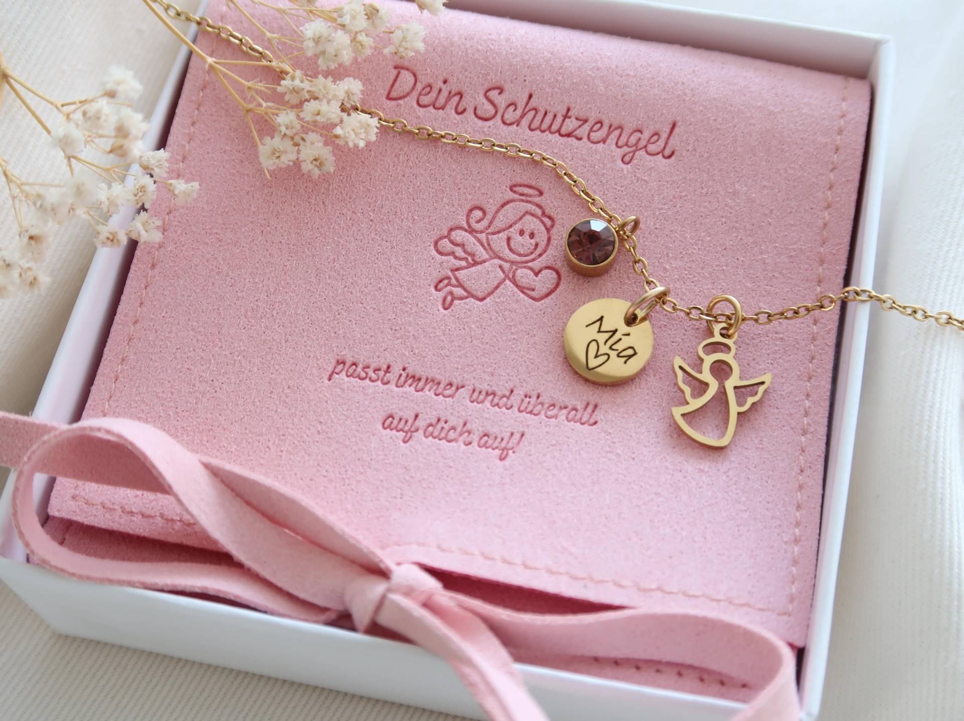 Halskette Schutzengel - Geburtsstein Taufkette Personalisiertes Geschenk Kommunion Konfirmation Glücksbringer Anhänger von EveundLyn