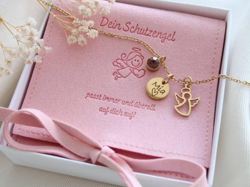 Halskette Schutzengel - Geburtsstein Taufkette Personalisiertes Geschenk Kommunion Konfirmation Glücksbringer Anhänger von EveundLyn