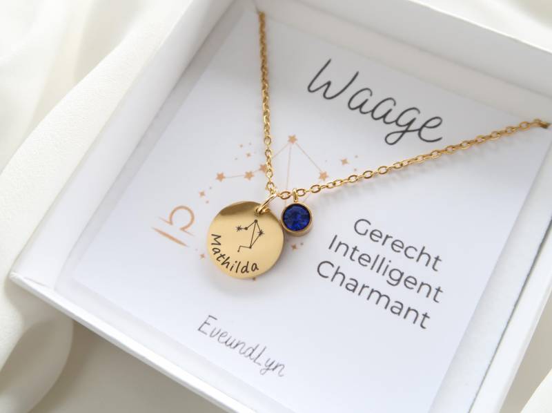 Sternzeichen Kette Mit Geburtsstein - Halskette Sternzeichengravur Personalisierbarer Grußkarte Weihnachtsgeschenk von EveundLyn