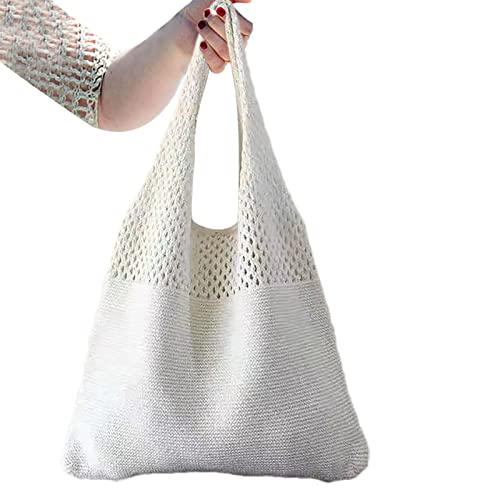 EviKoo Häkel-Schultertasche aus Baumwolle, handgewebt, weich, groß, für Sommer, Strand, Häkeltasche, mit exquisiter Verarbeitung, weiß, 35 EU von EviKoo