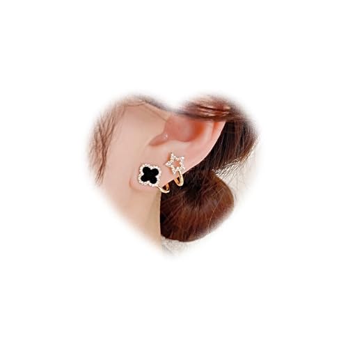 Eviarli Bohemian Vierblättrige Kleeblatt Ohrringe Schwarze Kleeblatt Ohrringe Gold Aushöhlen SterneOhrringe Kristall Kleeblatt AnhängerOhrringe für Damen und Teenager Schmuck von Eviarli