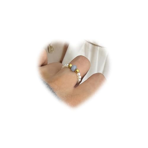 Eviarli Vintage Stretch Ring Perlen Perlen Stapelbarer Ring StretchRing Handgefertigte Stapelringe Schmuck Damen (Blaue Perlen) von Eviarli