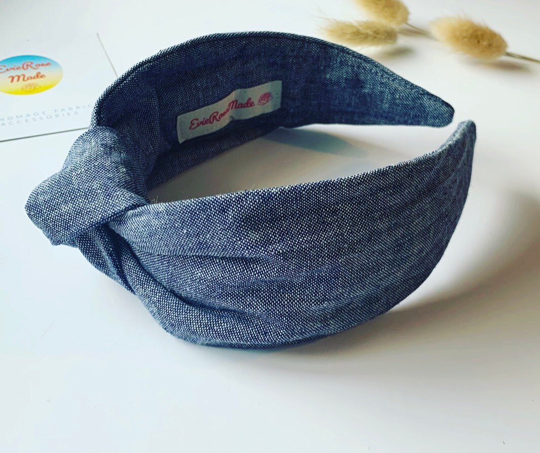 Denim Blaues Leinen Stirnband, Luxus Stirnband Für Frauen, Top Knot Haarband, Alice Band Turban Band, Nachhaltiges Geschenk von EvieRoseMade