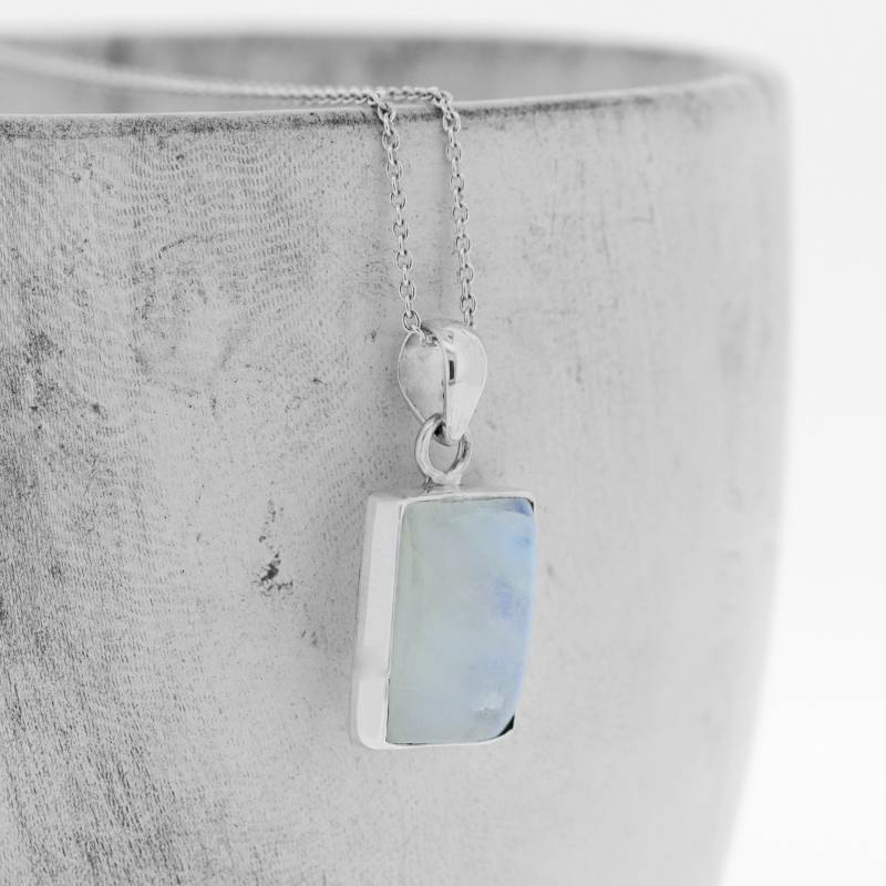 Rechteck Regenbogen Mondstein Anhänger Sterling Silber Halskette, April Birthstone von EvieWallaceDesigns