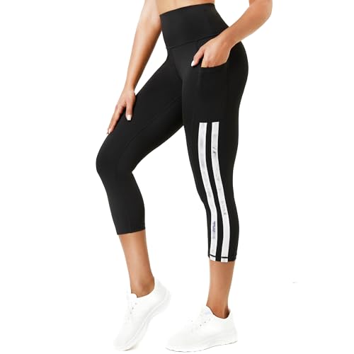 Evievit Sport Leggings Damen 3/4 Hohe Taille, Blickdicht Sporthose Damen 3/4 Fitnesshose Laufende Leggings, Leggings Mit Taschen Damen for Gym Outdoor Weiße,L von Evievit