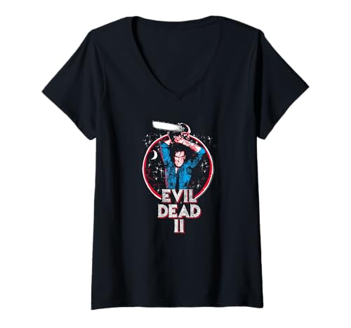 Damen Evil Dead 2 Ash and Chainsaw Circle Logo Horror Movie T-Shirt mit V-Ausschnitt von Evil Dead 2