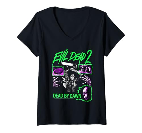 Damen Evil Dead 2 Dead by Dawn Neon Collage Horror Movie T-Shirt mit V-Ausschnitt von Evil Dead 2