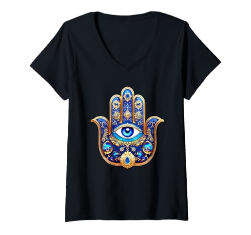 Damen Evil Eye Charm Stein Blaues Auge Symbol des Schutzes Talisman T-Shirt mit V-Ausschnitt Damen Evil Eye Charm Stein Blaues Auge Symbol des Schutzes Talisman T-Shirt mit V-Ausschnitt von Evil Eye Charm Symbol Circle Pattern Designs