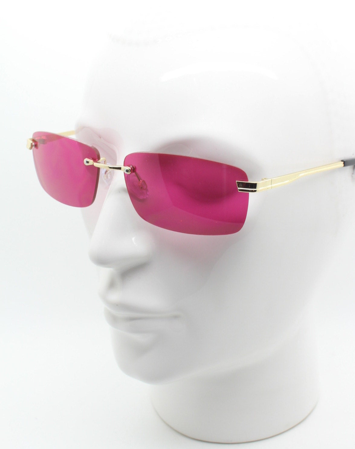 Y2K Vintage Rahmenlose Rosa Sonnenbrille. Rechteckige Gläser Mit Steg Und Bügeln in Gold. 2000Er Jahre Verein Kinder. 00 Jahren. 90Er Rave von EvilCathedralLondon