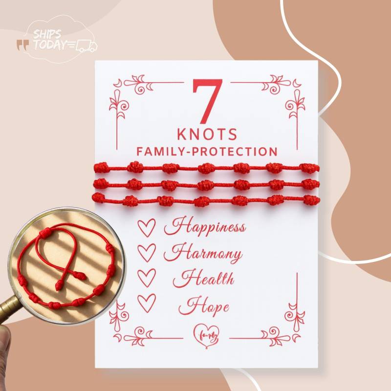 7 Knots Red Protection Bracelet - Family Set | 2/3/4/5 Pcs Kabbalah Evil Eye Talisman Adjustable Macrame Gift For Mom Dad Kids von EvilEyeProtector