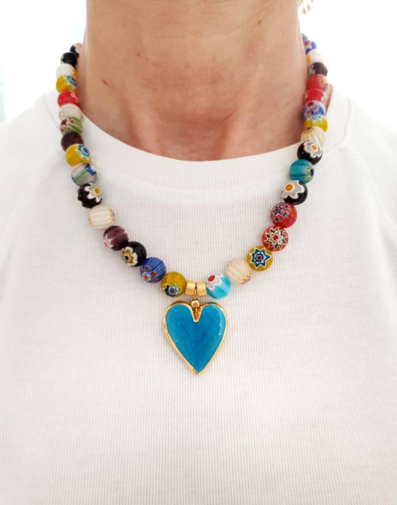 Herz Kette, Blaue Kalp Kolye, Glasperlenkette, Schmuck, Farbenfrohe Hellblaue Unikat Kette Ü30, Maviboncuk von Evileyeandmore
