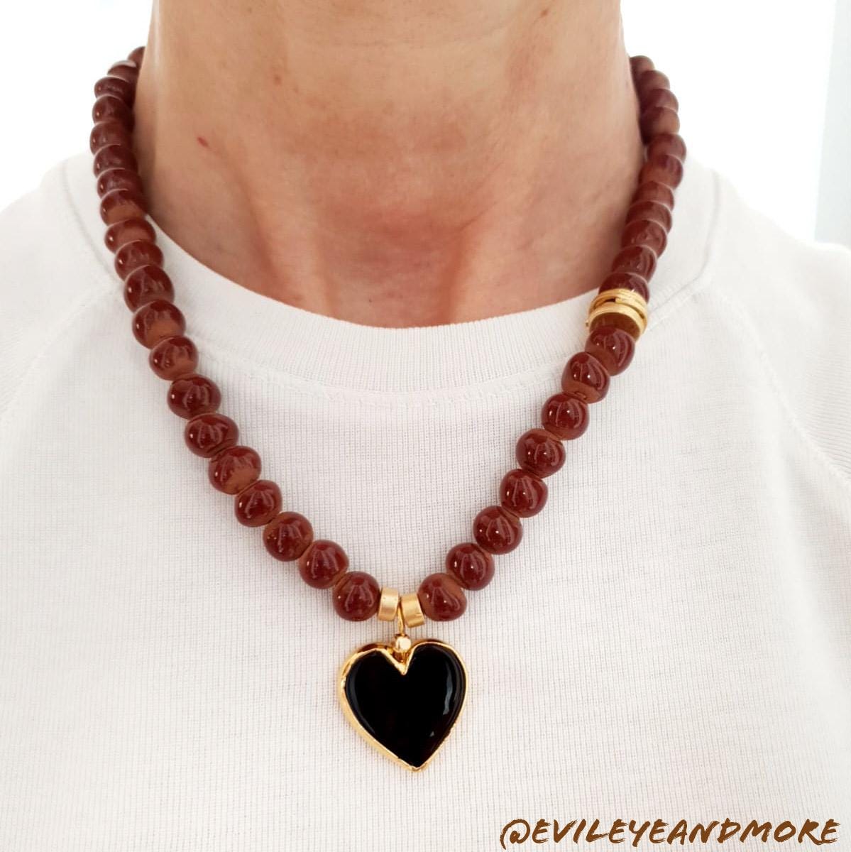 Herz Kette, Braune Kalp Kolye, Glasperlenkette, Schmuck, Naturstein Steingut Unikat Kette Ü30, Kahverengiboncuk von Evileyeandmore