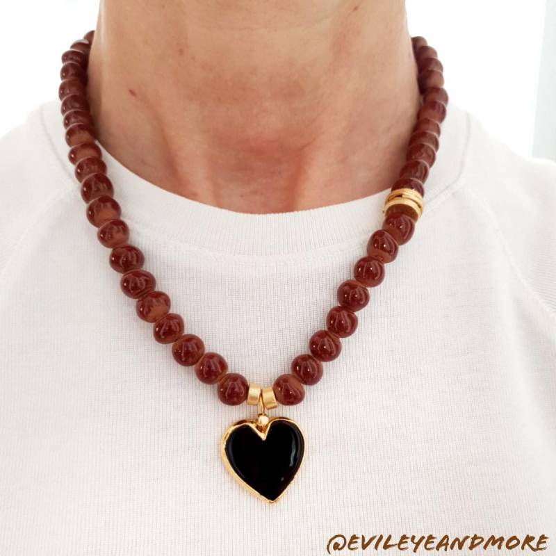 Herz Kette, Braune Kalp Kolye, Glasperlenkette, Schmuck, Naturstein Steingut Unikat Kette Ü30, Kahverengiboncuk von Evileyeandmore