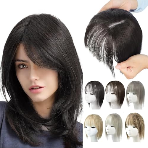 Evimstil Natürliche Haarteile mit Pony für Frauen, 2025 Neuest Perücken, Kurze Perücken in Bangs mit Schläfen, Haarteile Echthaar Haar Clip in Topper 25 * 10 * 5cm von Evimstil