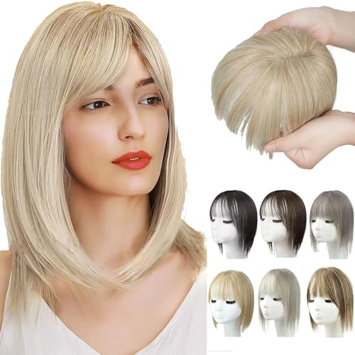 Evimstil Natürliche Haarteile mit Pony für Frauen, 2025 Neuest Perücken, Kurze Perücken in Bangs mit Schläfen, Haarteile Echthaar Haar Clip in Topper 25 * 10 * 5cm von Evimstil