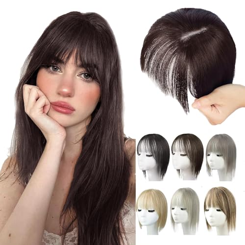 Evimstil Natürliche Haarteile mit Pony für Frauen, 2025 Neuest Perücken, Kurze Perücken in Bangs mit Schläfen, Haarteile Echthaar Haar Clip in Topper 25 * 10 * 5cm von Evimstil