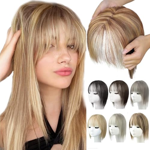 Evimstil Natürliche Haarteile mit Pony für Frauen, 2025 Neuest Perücken, Kurze Perücken in Bangs mit Schläfen, Haarteile Echthaar Haar Clip in Topper 25 * 10 * 5cm von Evimstil
