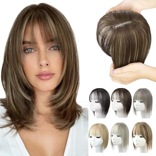 Evimstil Natürliche Haarteile mit Pony für Frauen, 2025 Neuest Perücken, Kurze Perücken in Bangs mit Schläfen, Haarteile Echthaar Haar Clip in Topper 25 * 10 * 5cm von Evimstil