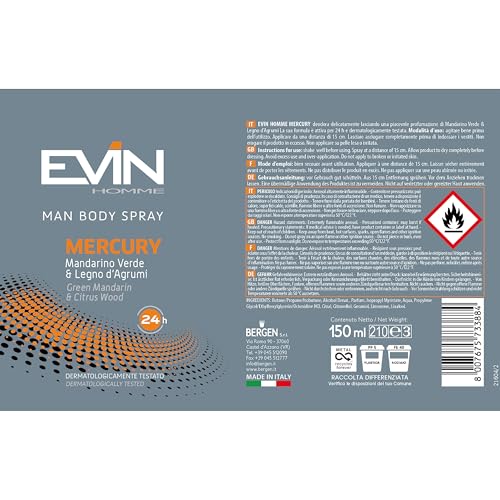 EVIN Homme Deodorant für Herren, Spray, grüner Mandarinenduft und Zitrusholz, Brenndauer 24 Stunden, 150 ml von Evin