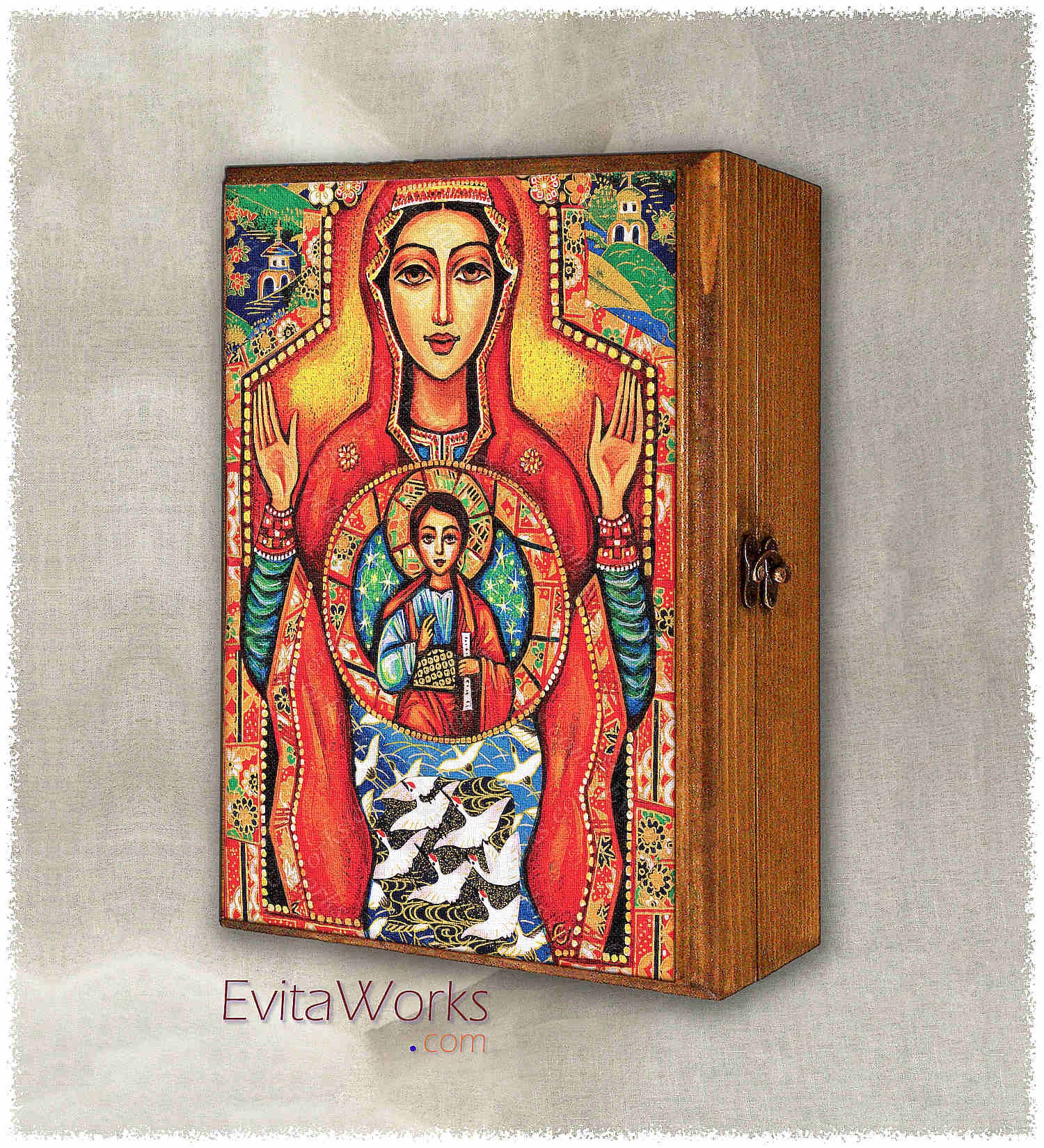 Gesegnete Mutter Maria Und Jesus, Kind Gottes, Ikonendruck Auf Natürlicher Holzkiste, Moderne Christliche Kunst Gesegnete Mutter Maria Und Jesus, Kind Gottes, Ikonendruck Auf Natürlicher Holzkiste, Moderne Christliche Kunst von EvitaWorks