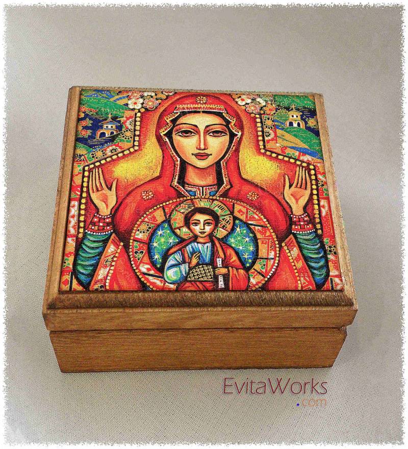 Gesegnete Mutter Maria Und Jesus, Kind Gottes Druck Auf Natürliche Holzkiste, Moderne Christliche Kunst, Rosenkranz Schatz Erinnerungen von EvitaWorks