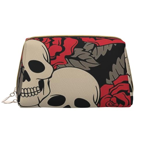 Cobble Leder-Kosmetiktasche, niedliche Reise-Make-up-Tasche, Make-up-Tasche, tragbare Kosmetiktasche, Reise-Kosmetiktasche für Damen und Mädchen, Schwarzer Totenkopf mit Rosen, Einheitsgröße von Evius