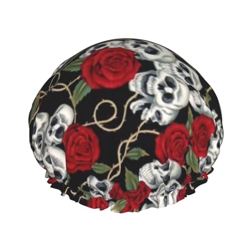 Coole Totenkopf- und Rosen-Duschhaube für Damen, Duschkappen für langes Haar, wasserdichter Duschhut, geeignet für Hotelbad, Familienbad, Reisen, Urlaub, wiederverwendbare Duschhaube. von Evius