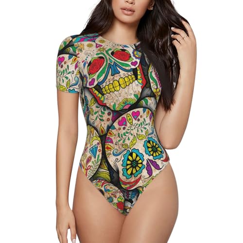 Evius Damen-Body mit Rundhalsausschnitt, kurzärmelig, mit Totenkopf-Druck, Druckknopfverschluss, schmale Passform, Tops S-XL, Schwarz , XXL von Evius