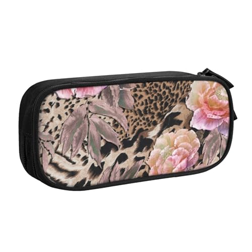 Evius Rosa Blume Leopard Federmäppchen Lustige Federmäppchen Federmäppchen mit Reißverschlussfächern Ästhetische Bleistifttasche Bürobedarf Organizer (3 Farben Schwarz/Blau/Rosa), Pink Flower Leopard, von Evius