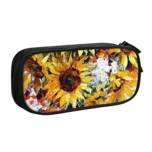 Evius Skulls Pencase Lustige Federmäppchen Federmäppchen mit Reißverschlussfächern Ästhetische Bleistifttasche Bürobedarf Organizer (3 Farben Schwarz/Blau/Rosa), Ölgemälde Sonnenblume, Einheitsgröße, von Evius