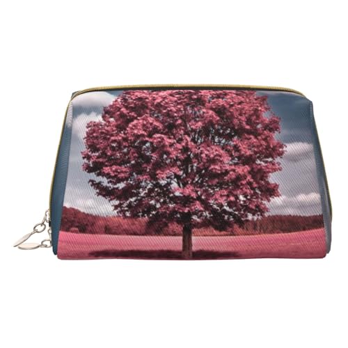 Frohe Weihnachten Happy Cute Reise Make-up Tasche Kleine Make-up-Tasche Kulturbeutel Tragbare Kosmetiktasche Reise Kosmetiktasche Leder Kosmetiktasche für Damen und Mädchen, Schöner rosa Baum, von Evius