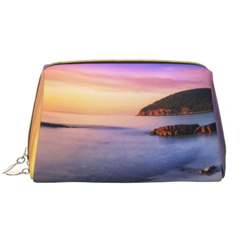 Kosmetiktasche aus Leder, Motiv: grüne Ananas, niedliche Reise-Make-up-Tasche, Make-up-Tasche, tragbare Kosmetiktasche, Reise-Kosmetiktasche für Damen und Mädchen, Sonnenaufgang am Strand, von Evius