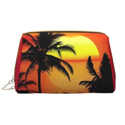 Kosmetiktasche aus Leder, gelbe Schlange, niedliche Reise-Make-up-Tasche, Make-up-Tasche, tragbare Kosmetiktasche, Reise-Kosmetiktasche für Damen und Mädchen, Tropische Sonnenuntergangspalme, von Evius