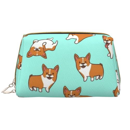 Kosmetiktasche aus Leder, gestreift, niedlich, Reise-Make-up-Tasche, tragbare Kosmetiktasche, Reise-Kosmetiktasche für Damen und Mädchen, Grau, Corgi Cute Dog, Einheitsgröße von Evius