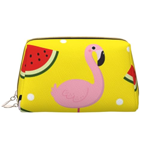 Kosmetiktasche aus Leder mit Hund, niedlich, Reise-Make-up-Tasche, Make-up-Tasche, tragbare Kosmetiktasche, Reise-Kosmetiktasche für Damen und Mädchen, Rosa Flamingo und Wassermelone, Einheitsgröße von Evius