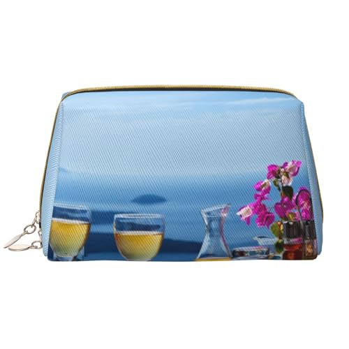 Kosmetiktasche aus geriffeltem Leder, niedliche Reise-Make-up-Tasche, Make-up-Tasche, tragbare Kosmetiktasche, Reise-Kosmetiktasche für Damen und Mädchen, Landschaft eines Tisches über dem Meer, von Evius