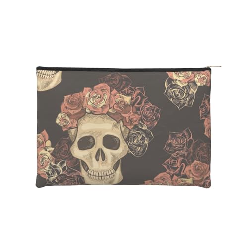 Kosmetiktasche für Damen, wasserdicht, tragbar, kleine Tasche mit offenem flachem Kulturbeutel, Kulturbeutel, Aufbewahrungstasche für Damen und Mädchen, Blau / Grau, Rose Skull, Einheitsgröße von Evius