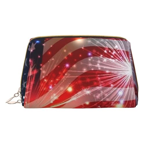 Niedliche Reise-Make-up-Tasche, kleine Make-up-Tasche, Kulturbeutel, tragbare Kosmetiktasche, Reise-Kosmetiktasche, Leder-Kosmetiktasche für Damen und Mädchen, Feuerwerk Amerikanische Flagge hell, von Evius