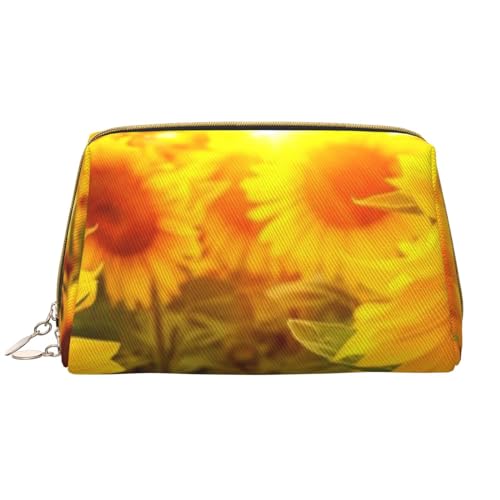 Sunshine Kosmetiktasche mit Sonnenblumenfeld, Leder, niedliche Reise-Make-up-Tasche, Make-up-Tasche, tragbare Kosmetiktasche, Reise-Kosmetiktasche für Damen und Mädchen, Sonnenblumenfeld, von Evius