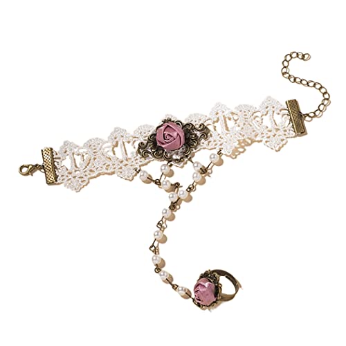 Evlry Hochzeit Spitze Armband Rose Blume Finger Kette Armband Perle Armband Ring Vintage Handschuhe Brautarmband Ring Set für Frauen und Mädchen von Evlry
