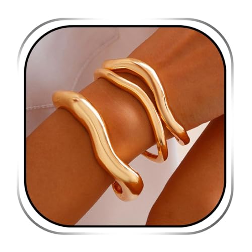 Evlry 3 Stück Gold Armreif für Damen, Unregelmäßige Chunky Armbänder Set Offene Breite Armreifen Accessoires (Gold, Einheitsgröße) von Evlry