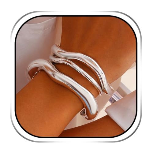 Evlry 3 Stück Gold Armreif für Damen, Unregelmäßige Chunky Armbänder Set Offene Breite Armreifen Accessoires (Silber, Einheitsgröße) von Evlry