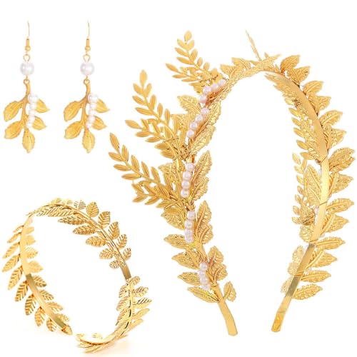 Evlry 3 Stück Griechische Göttin Kostüm Schmuck Set Gold Armreif und Ohrringe mit Blattkrone Accessories für Frauen und Mädchen von Evlry
