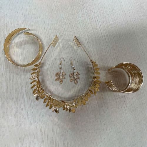 Evlry 4 Stück Griechische Göttin Kostüm Zubehör Set Hochzeit Brautschmuck Goldene Lorbeerblatt Krone Stirnband Oberarmreif Armband Ohrringe Schmuck für Frauen von Evlry
