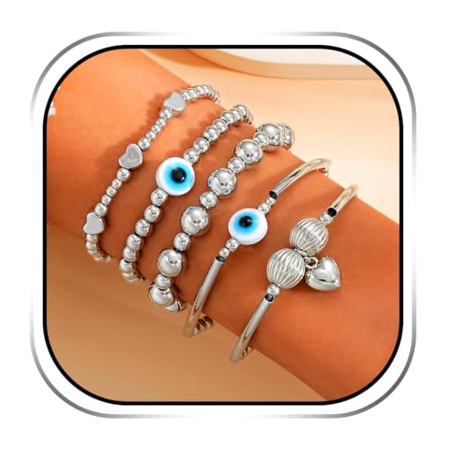 Evlry Boho-Armbänder-Set mit Bösen Blick, Herz-Armband mit silber Perlen, Accessoires für Frauen und Mädchen (5 Stück) von Evlry
